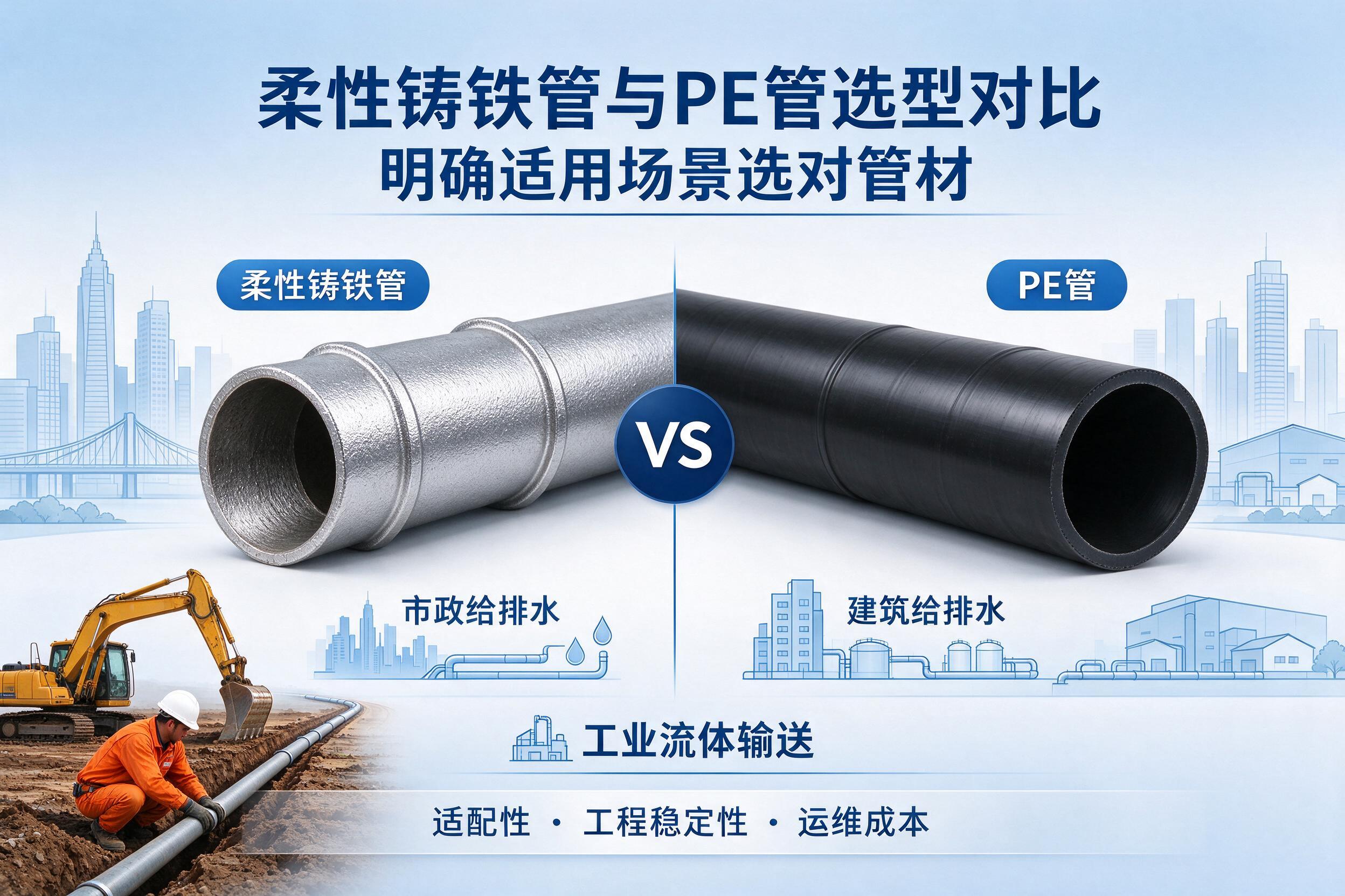 三都柔性铸铁管与PE管选型对比 明确适用场景选对管材